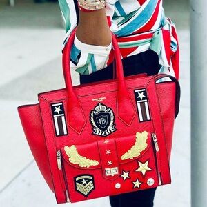 RARE HENRI BENDEL Military Patch Insignia Red Large Leather Rivington Bag Tote